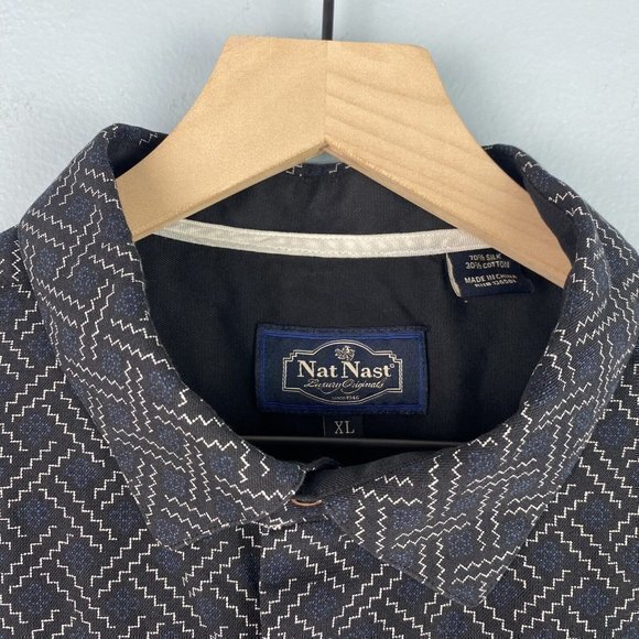 Nat Nast Hawaiian Shirt Men's XL Black Blue White Geometric Silk Blend Logo, EUC - Picture 6 of 6